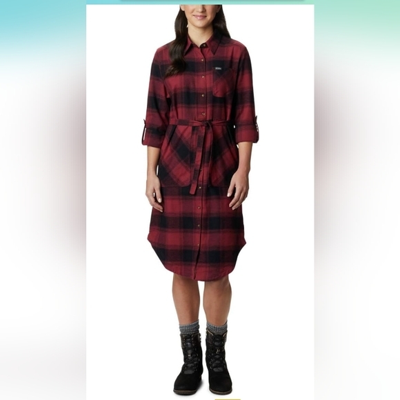 Columbia Dresses & Skirts - Columbia New with tags Red black flannel shirtdress tie front long sleeves sz M
